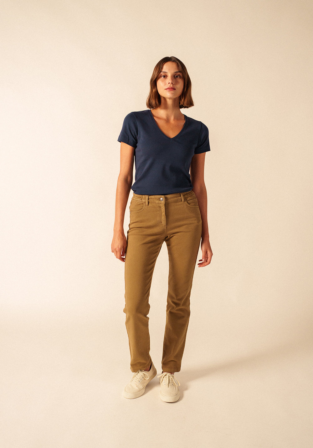 Pantalón recto Patricia - cintura elástica, de algodón stretch (BEIGE FONCE)