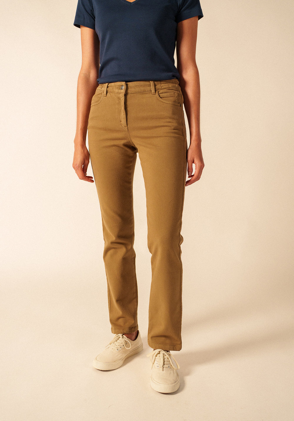 Pantalón recto Patricia - cintura elástica, de algodón stretch (BEIGE FONCE)