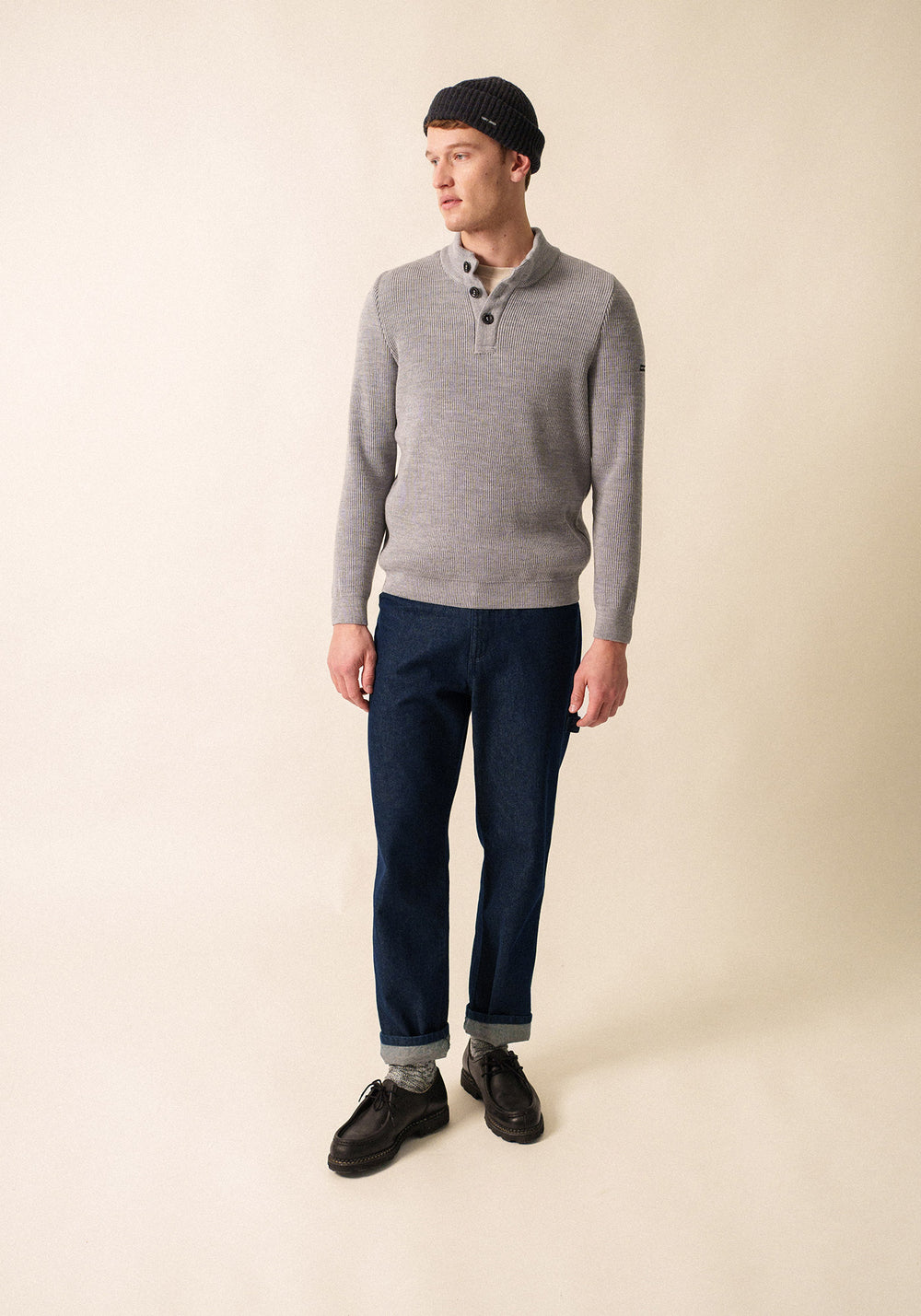 Jersey de cuello alto abotonado Bourboule - en lana, motivo de espiga (GRIS CLAIR)