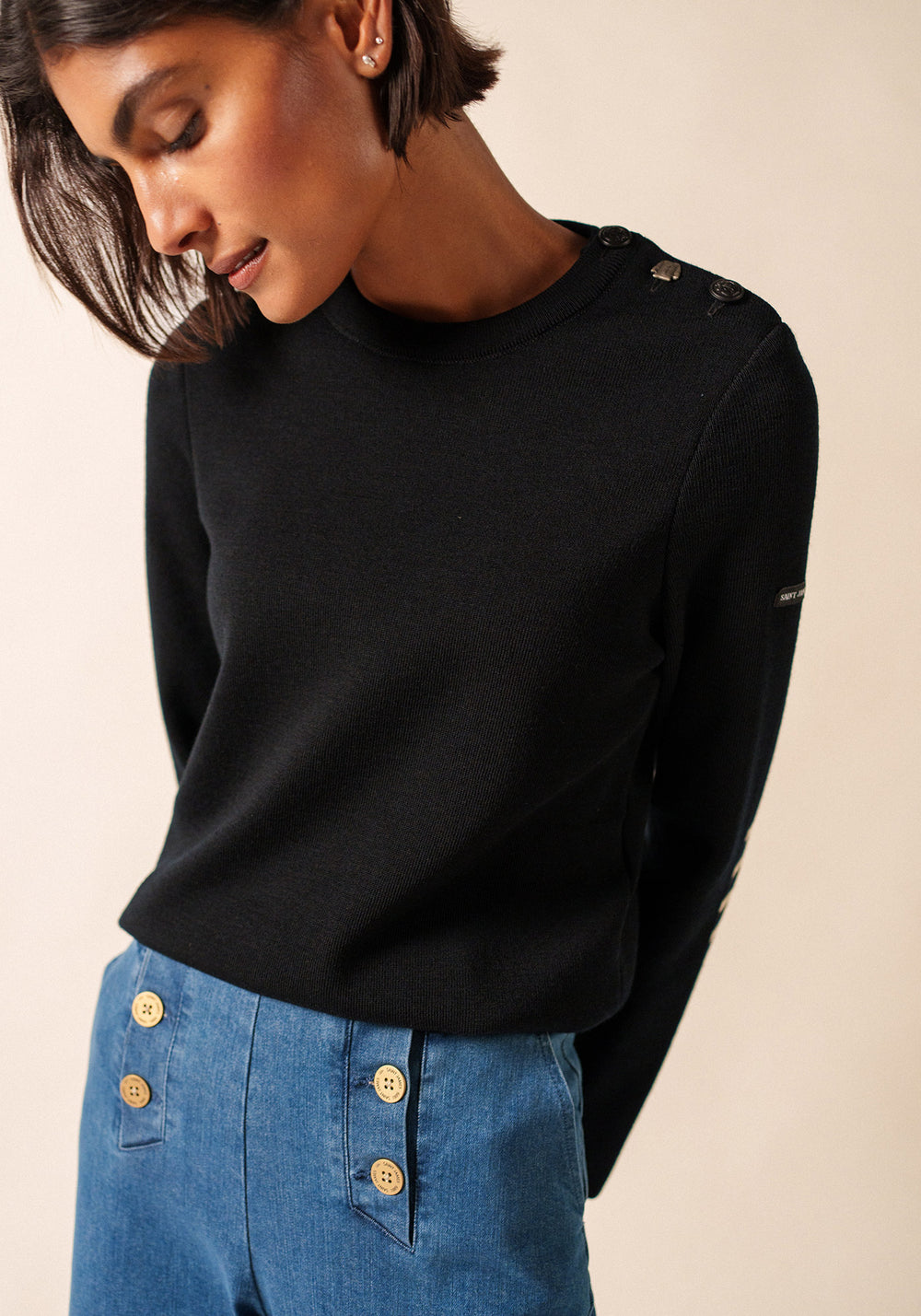 Jersey Bregançon marinero liso - coderas a rayas, de lana (NOIR)