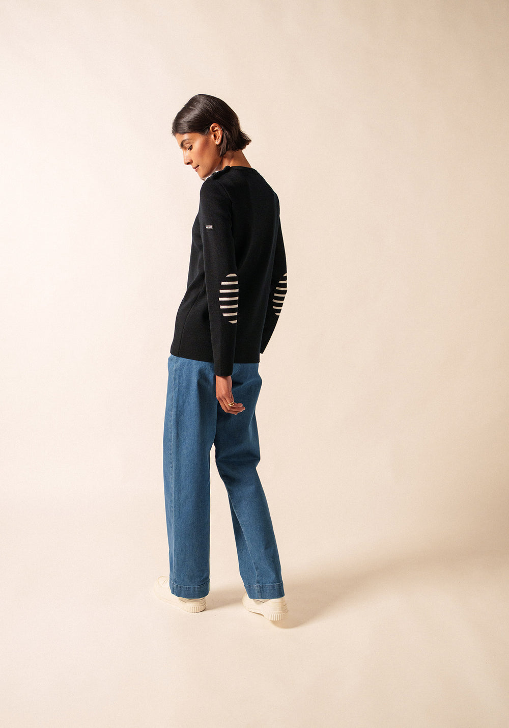 Jersey Bregançon marinero liso - coderas a rayas, de lana (NOIR)