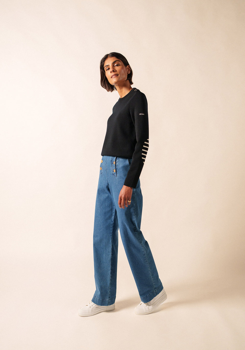 Jersey Bregançon marinero liso - coderas a rayas, de lana (NOIR)