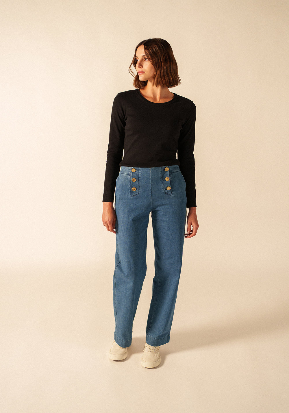 Camiseta de manga larga Celina - cuello redondo, en algodón (NOIR)