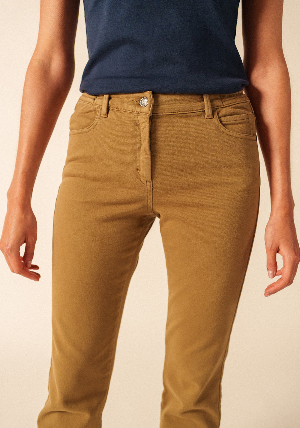 Pantalón recto Patricia - cintura elástica, de algodón stretch (BEIGE FONCE)