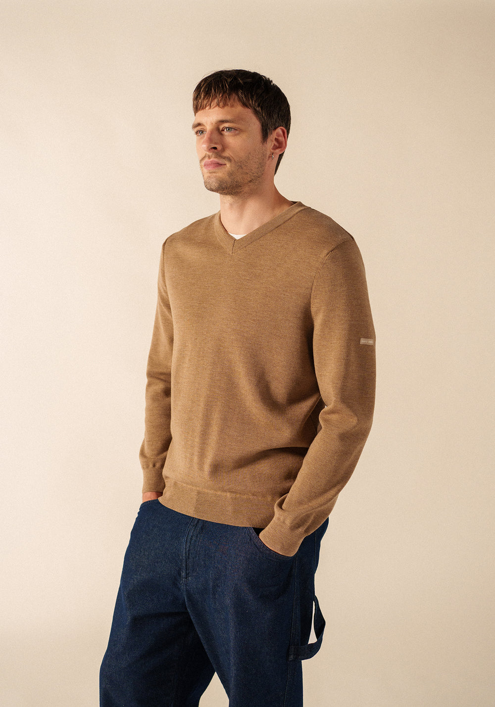 Jersey de cuello en V de lana suave (BEIGE FONCE)